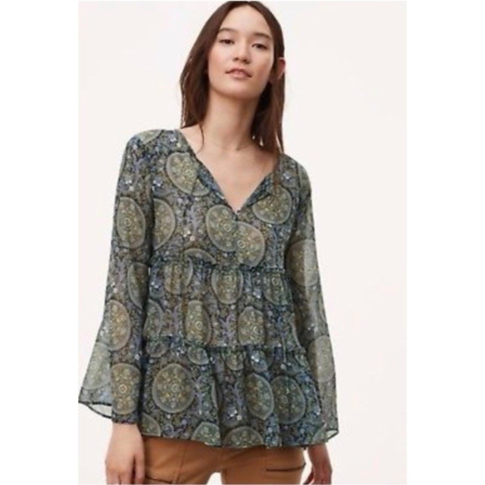Loft Blouse Paisley Sheer XL‎ Green Boho Peasant Baby Doll Tiered Bell Sleeve - Picture 2 of 14